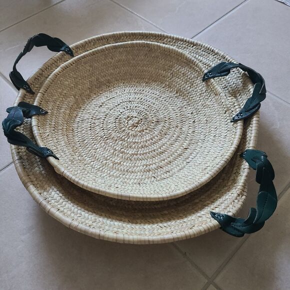 set (2) Sahbi Culture Moroccan Palm Leaf Berber Platters Baskets 22" &17" New